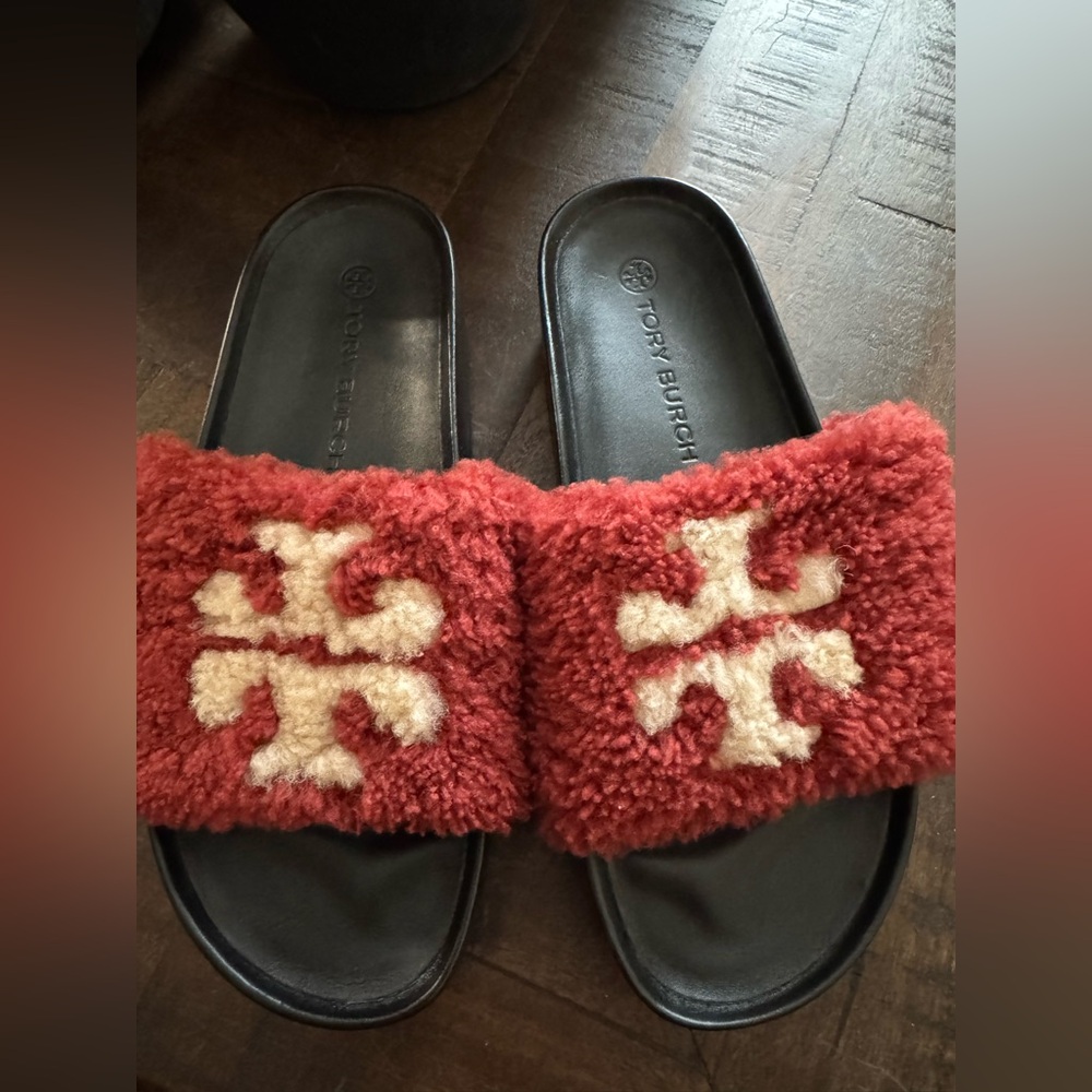 EUC Tory BurchDouble T Genuine Shearling Platform Slide Sandal In Smoked Paprika